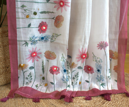 Cotton White saree with hand embroidery and contrast Pink printed blouse