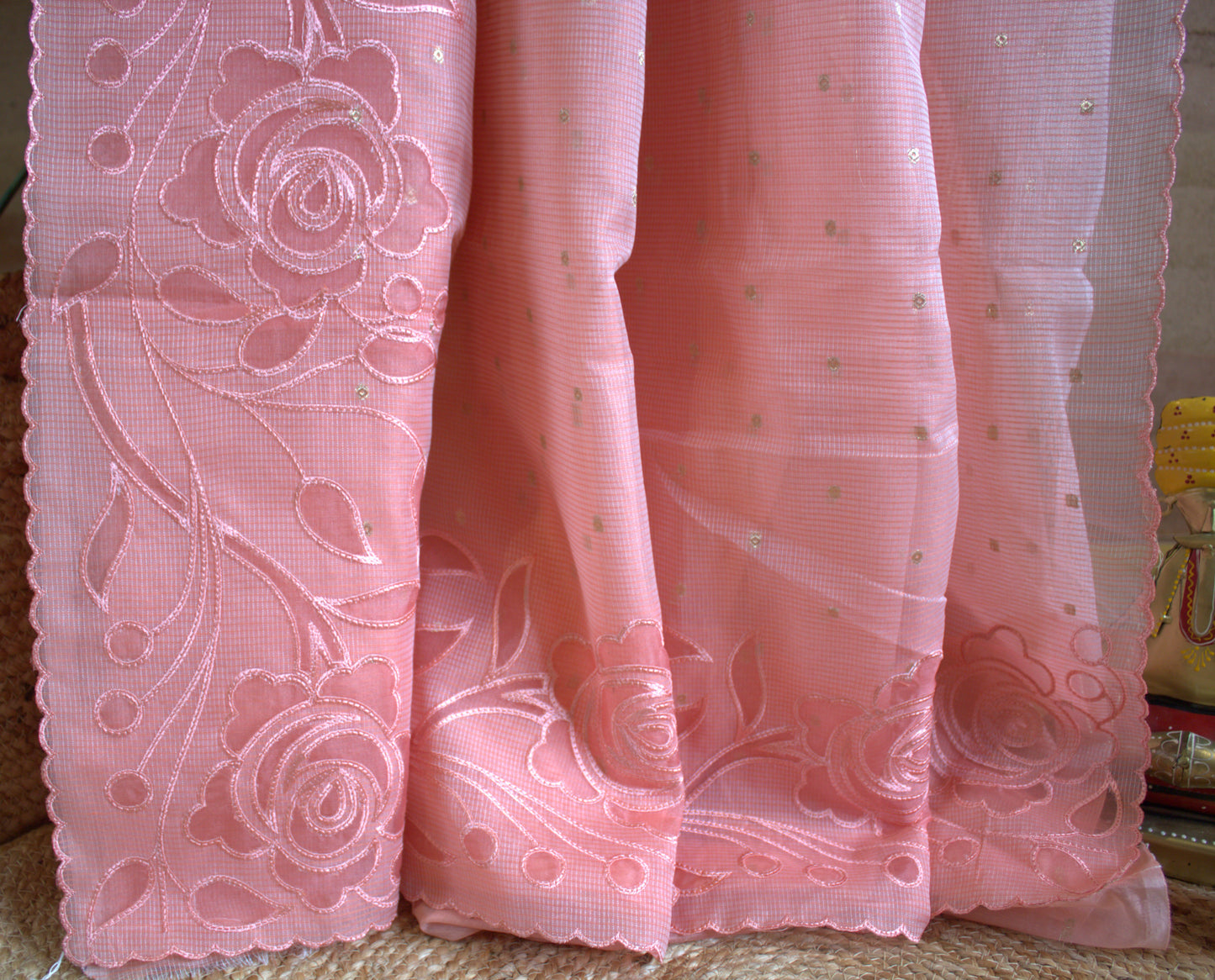 Kota Pink Saree with over all embroidery and running blouse