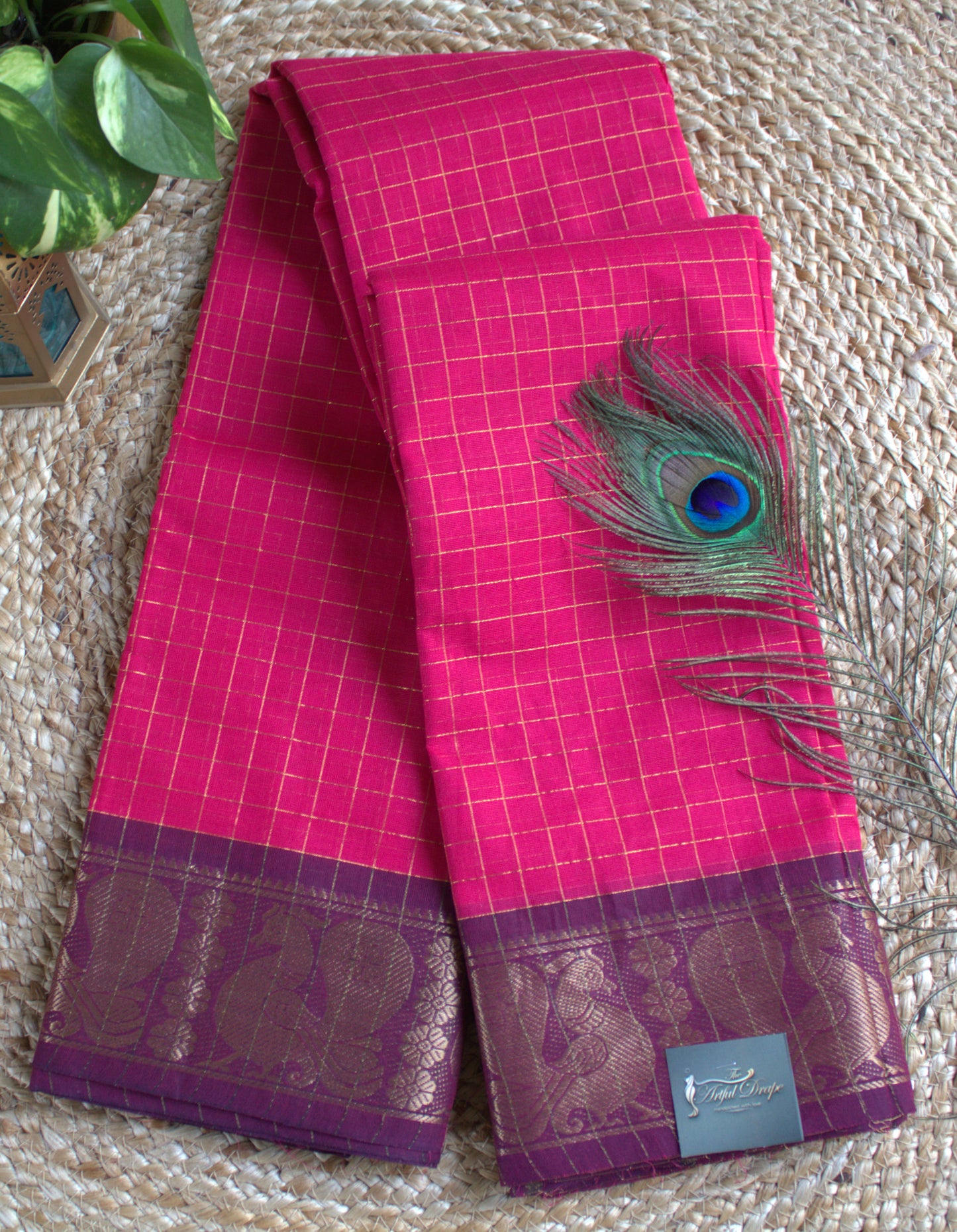 Madhurai Sungudi Pink saree with Purple zari border (without blouse)