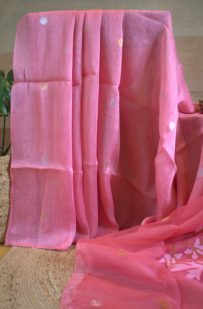 Silk Linen Pink saree with Muslin pallu and running blouse