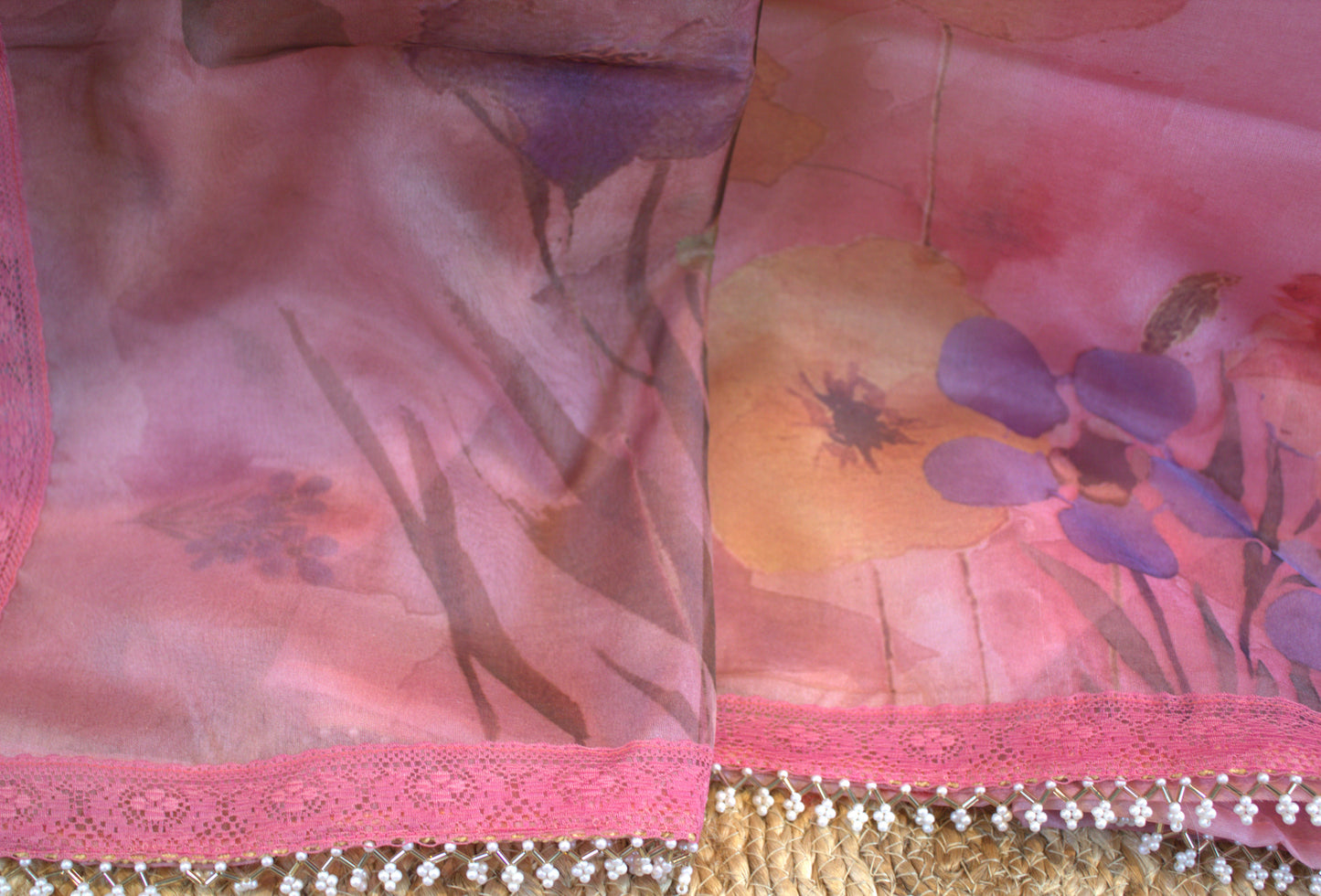 Organza Pink printed saree with lace border and printed blouse