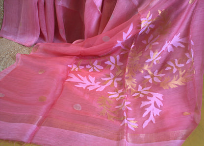 Silk Linen Pink saree with Muslin pallu and running blouse
