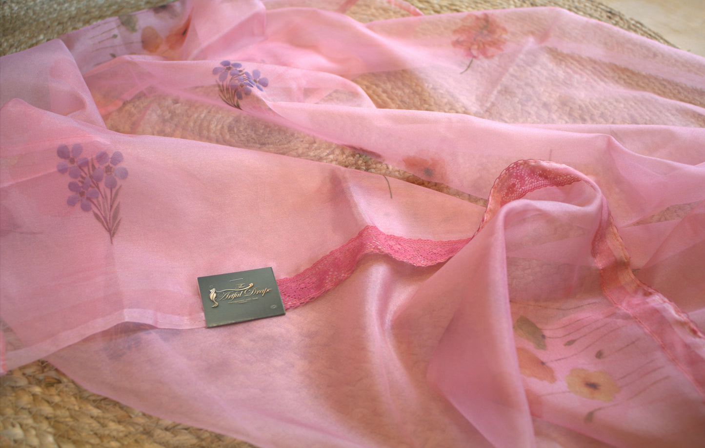 Organza Pink printed saree with lace border and printed blouse