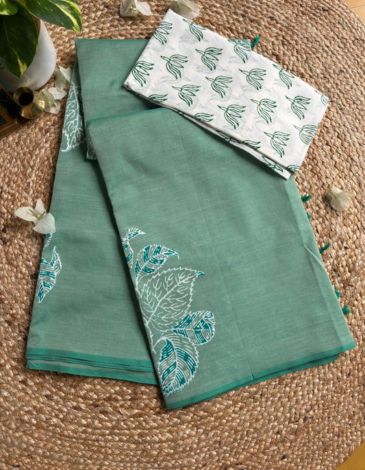South cotton Green saree with hand block print