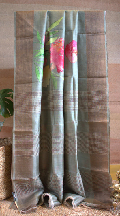Pure Tussar Green Silk saree with floral prints and printed blouse