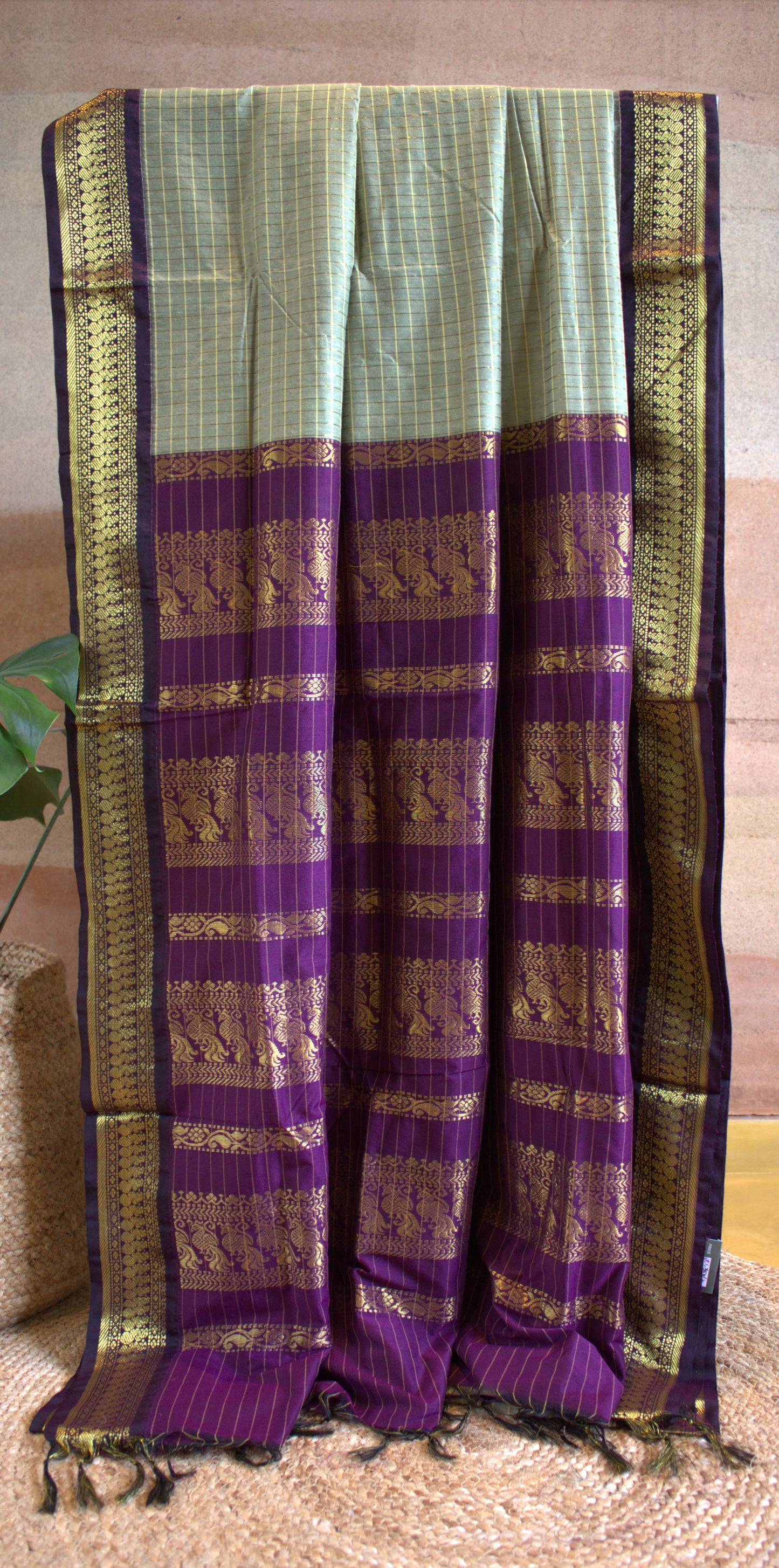 Kalyani cotton Pista green saree with Purple zari pallu and contrast purple blouse