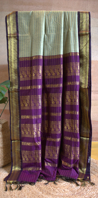 Kalyani cotton Pista green saree with Purple zari pallu and contrast purple blouse