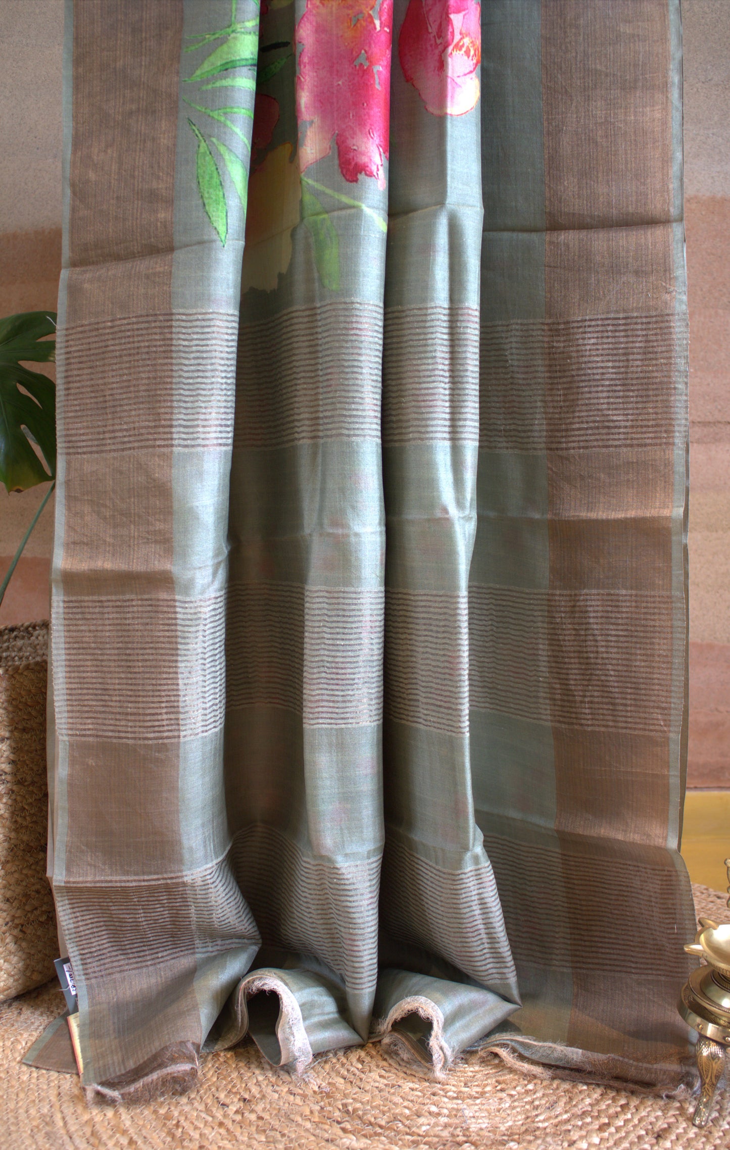 Pure Tussar Green Silk saree with floral prints and printed blouse