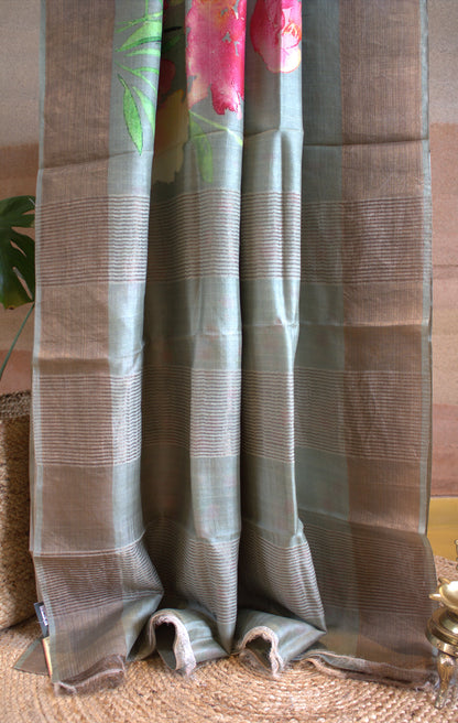 Pure Tussar Green Silk saree with floral prints and printed blouse