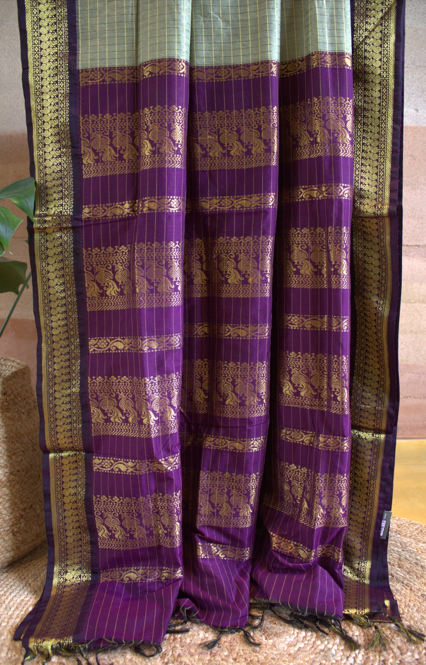 Kalyani cotton Pista green saree with Purple zari pallu and contrast purple blouse