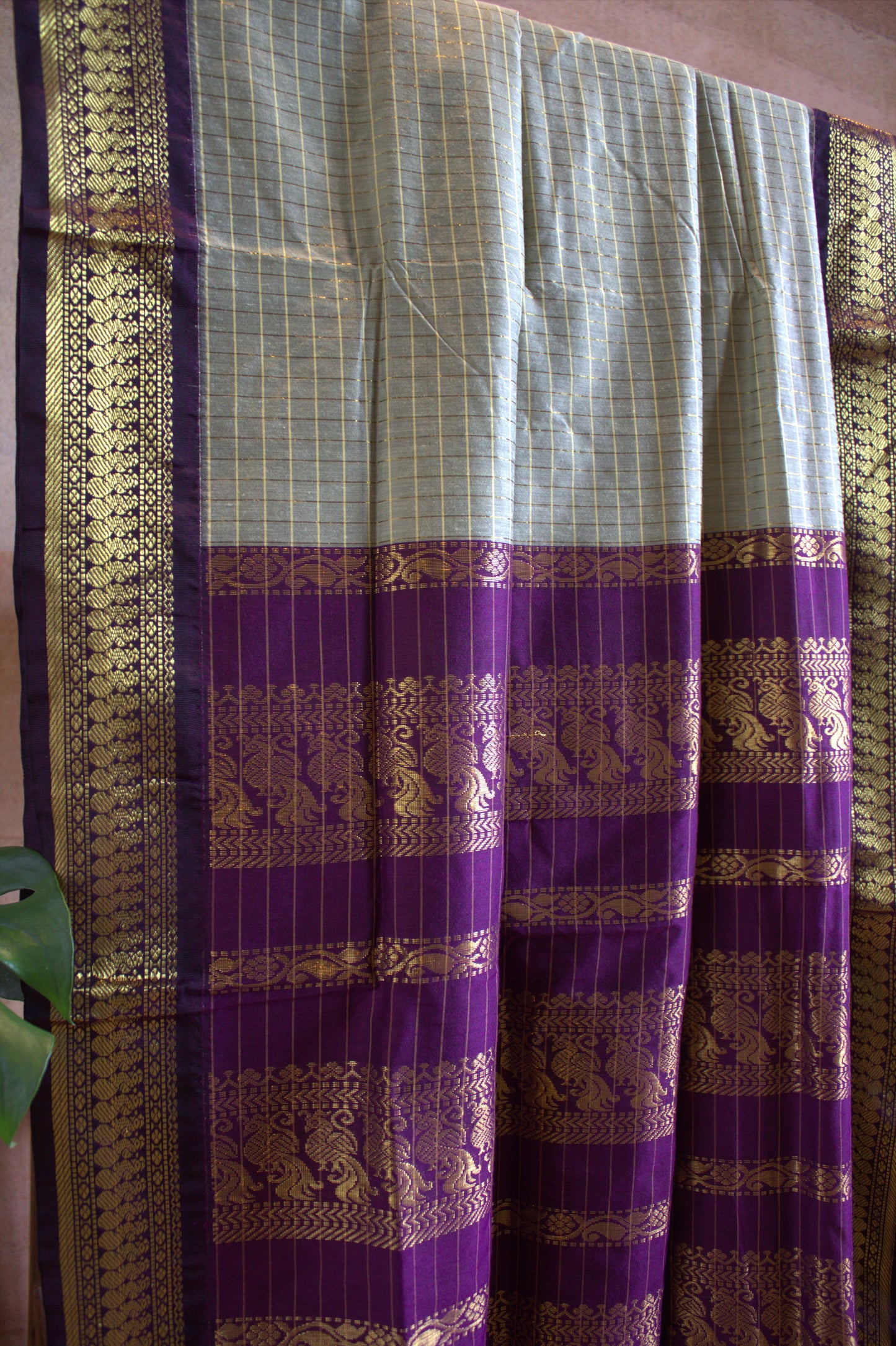 Kalyani cotton Pista green saree with Purple zari pallu and contrast purple blouse