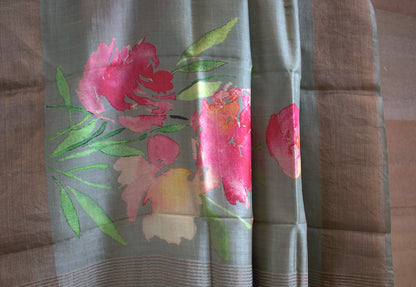 Pure Tussar Green Silk saree with floral prints and printed blouse