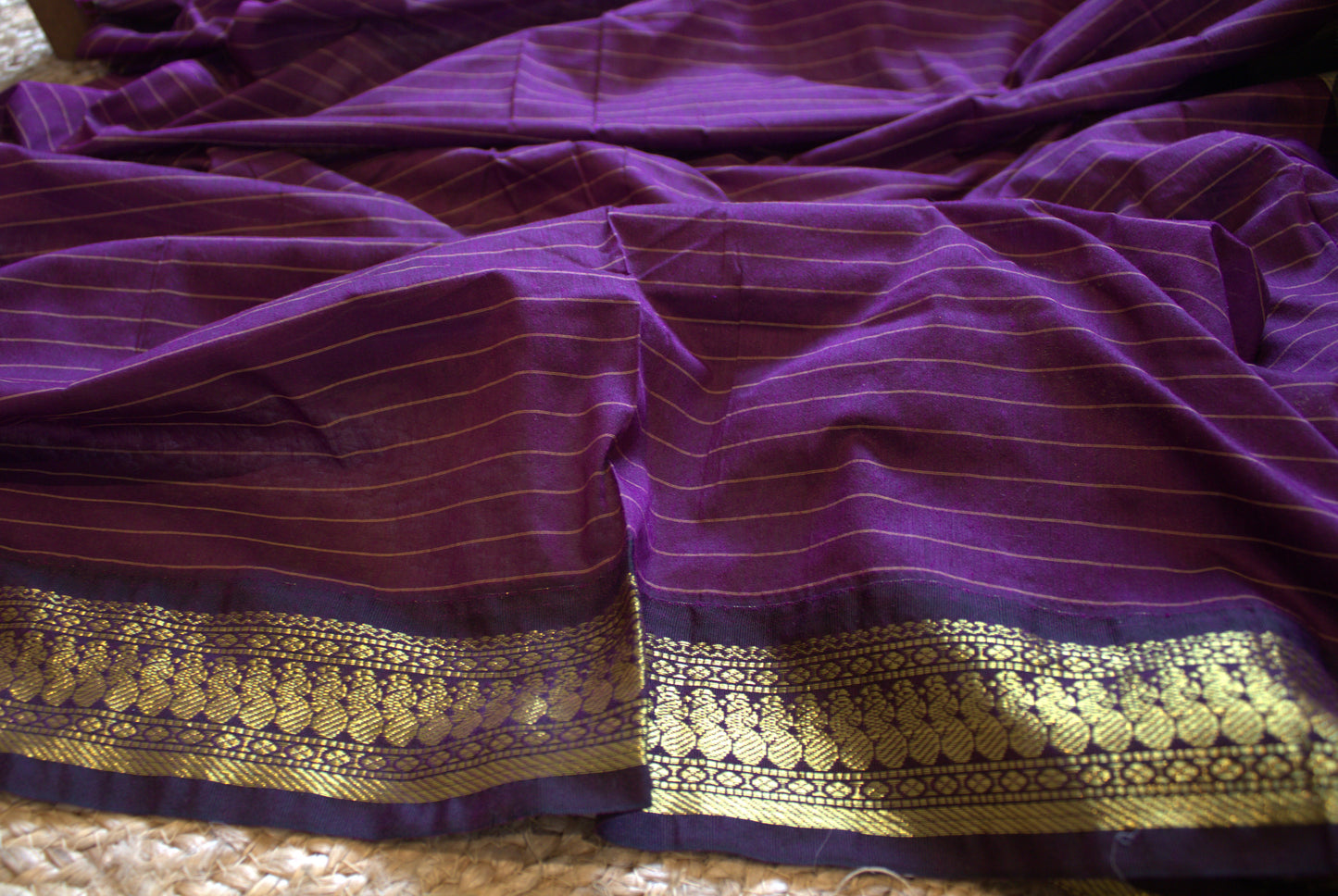 Kalyani cotton Pista green saree with Purple zari pallu and contrast purple blouse