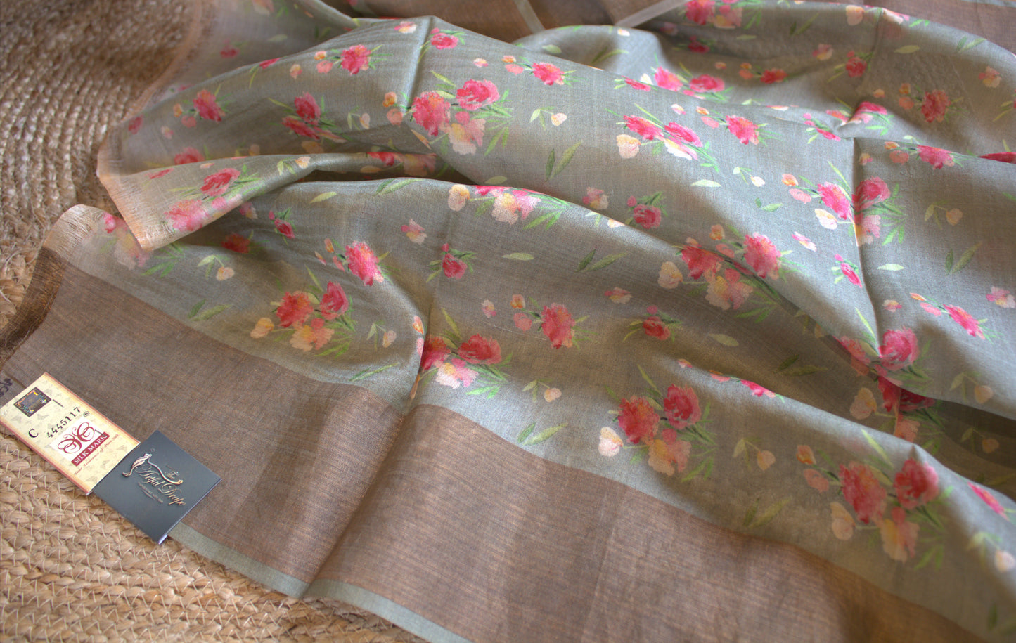 Pure Tussar Green Silk saree with floral prints and printed blouse