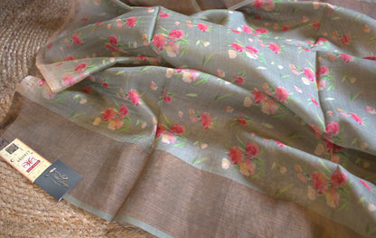 Pure Tussar Green Silk saree with floral prints and printed blouse