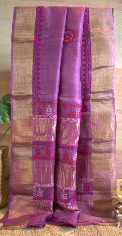 Pure Tussar silk Purple saree with Hand embroidery