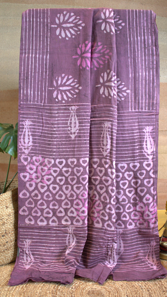 Mul Cotton Purple saree Hand printed
