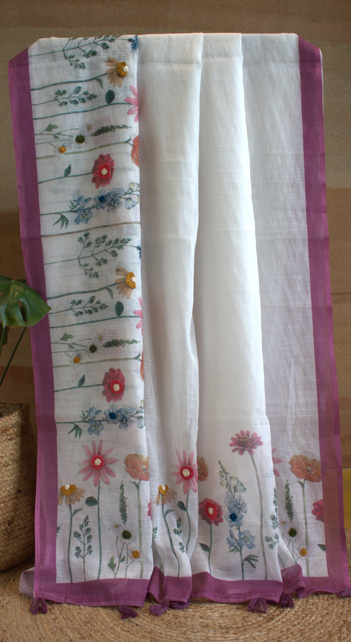 Cotton White saree with hand embroidery and Purple print blouse