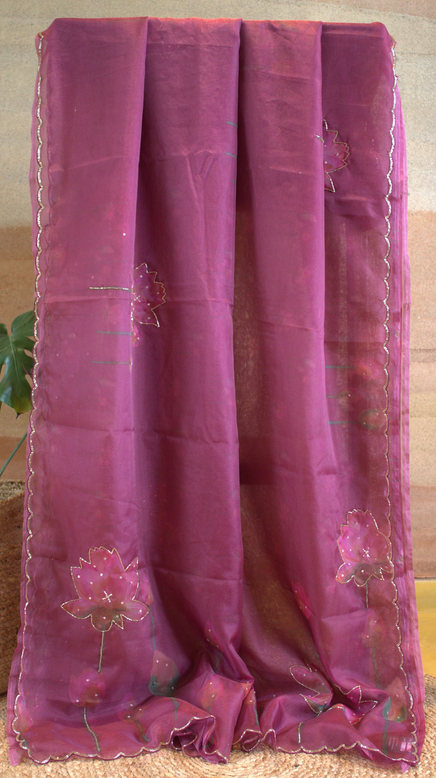 Organza Onion Pink printed saree with sequence work and work blouse