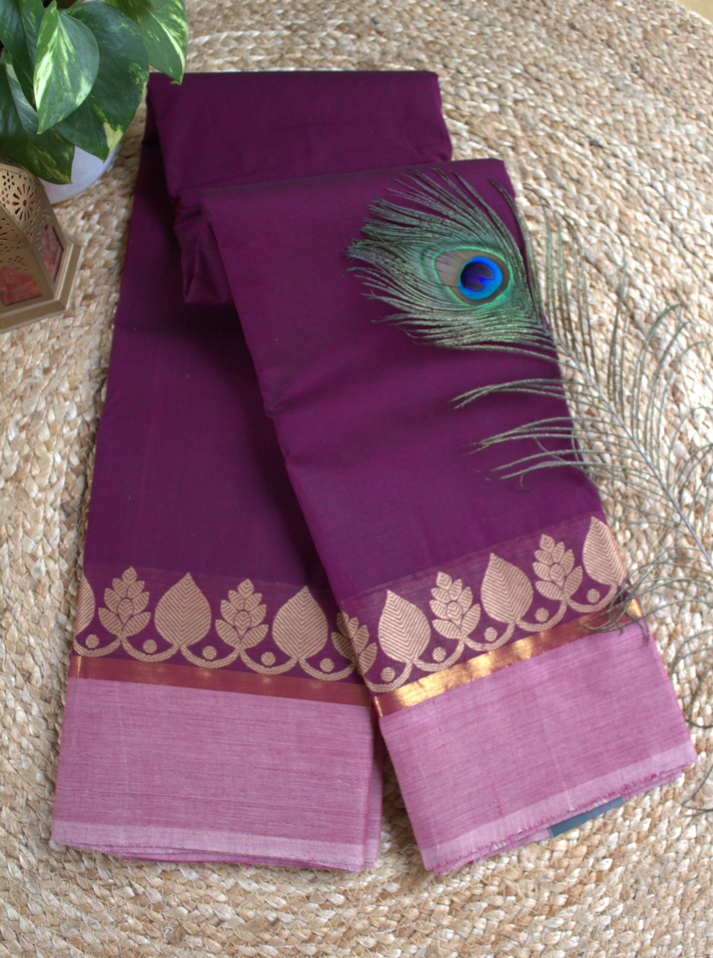 Chettinad cotton Purple saree and pink border (without blouse)
