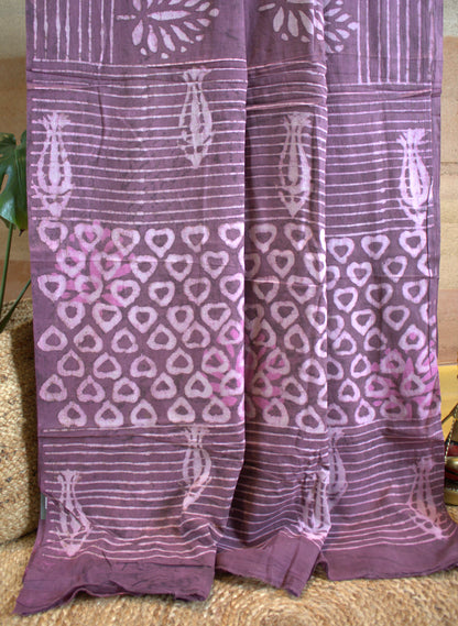 Mul Cotton Purple saree Hand printed