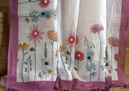 Cotton White saree with hand embroidery and Purple print blouse