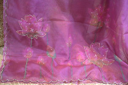 Organza Onion Pink printed saree with sequence work and work blouse