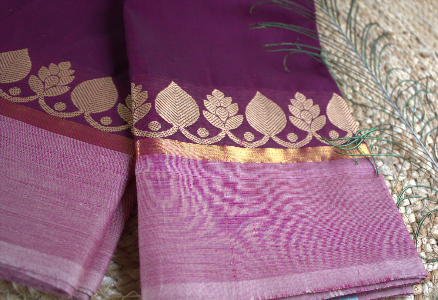 Chettinad cotton Purple saree and pink border (without blouse)