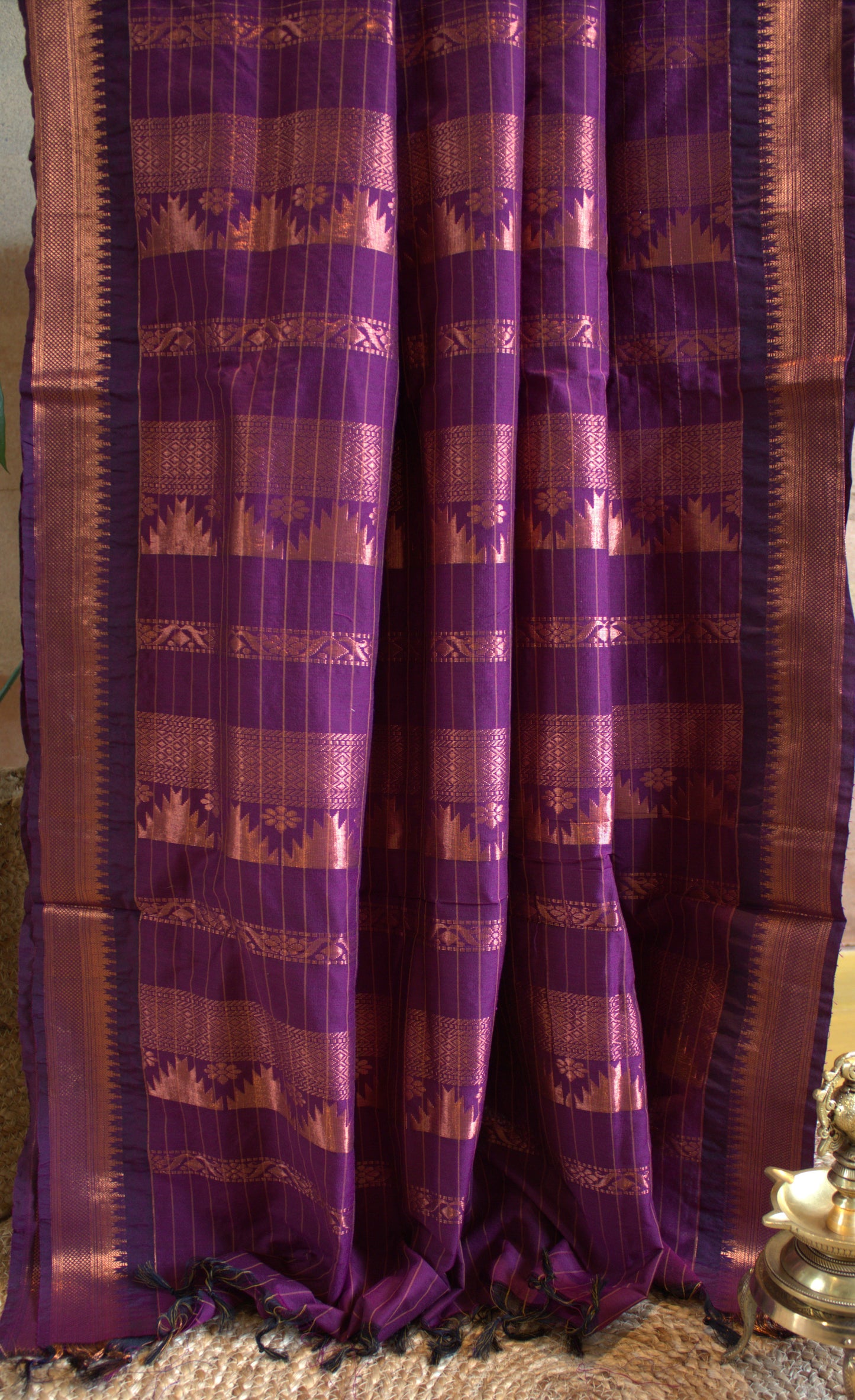 Kalyani cotton Purple saree with copper zari border and running blouse