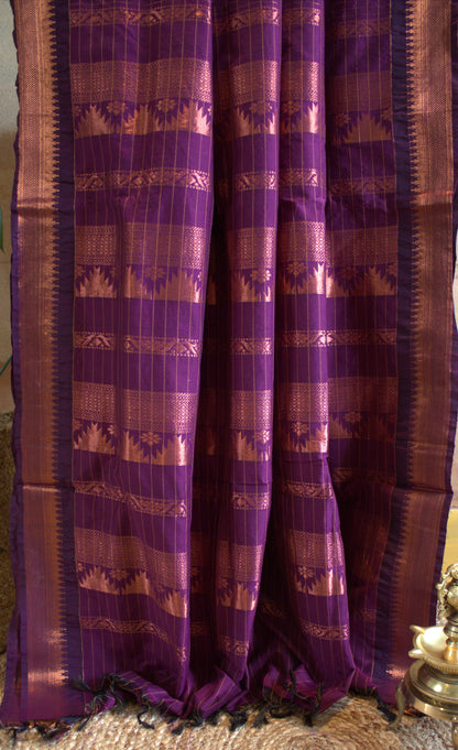 Kalyani cotton Purple saree with copper zari border and running blouse