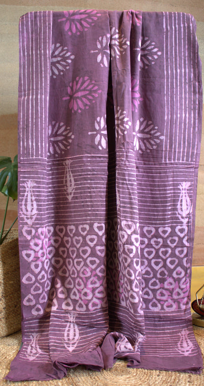Mul Cotton Purple saree Hand printed