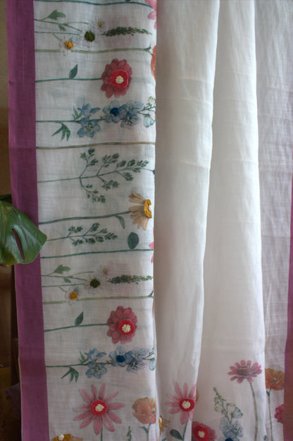 Cotton White saree with hand embroidery and Purple print blouse