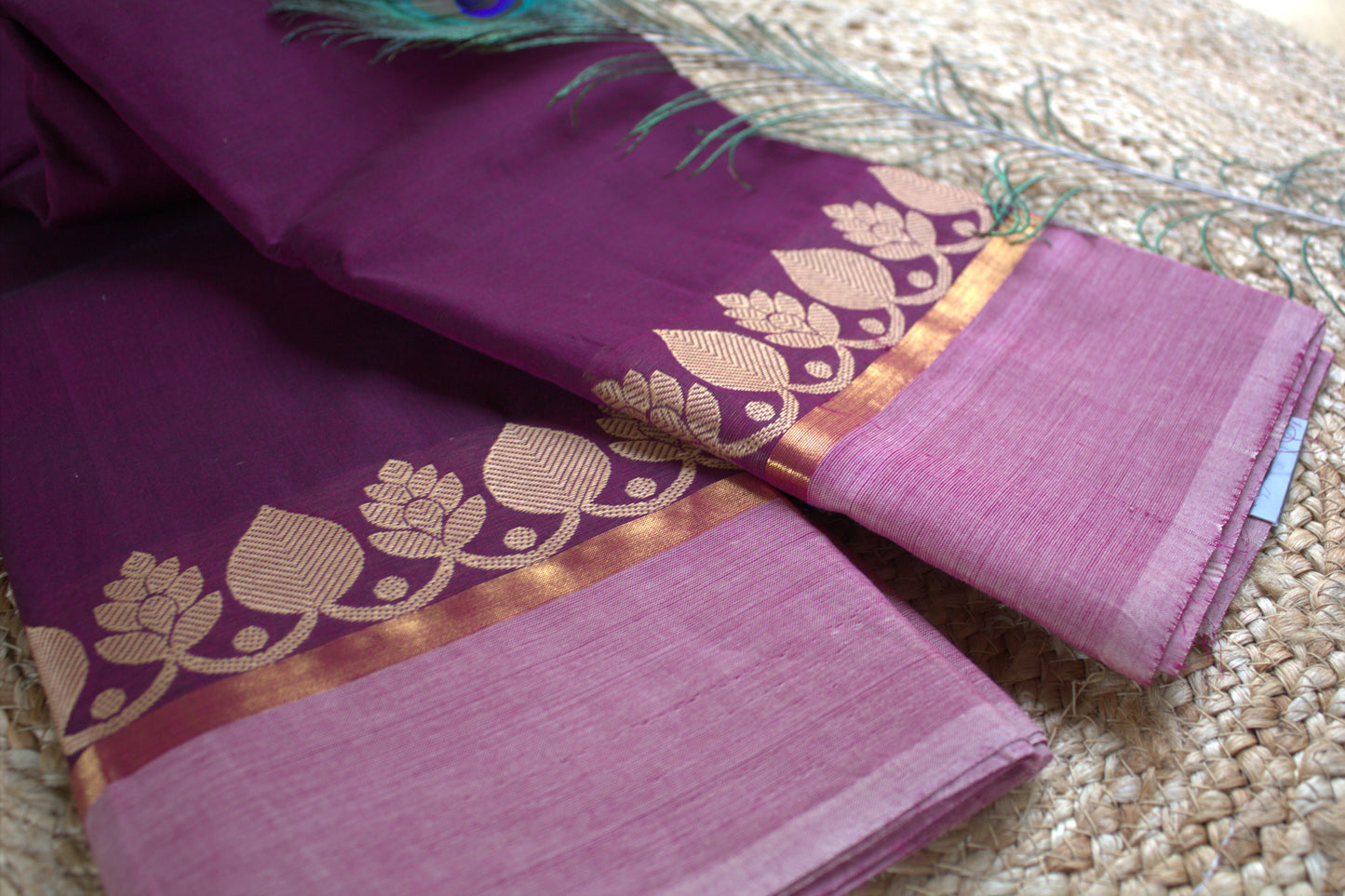 Chettinad cotton Purple saree and pink border (without blouse)