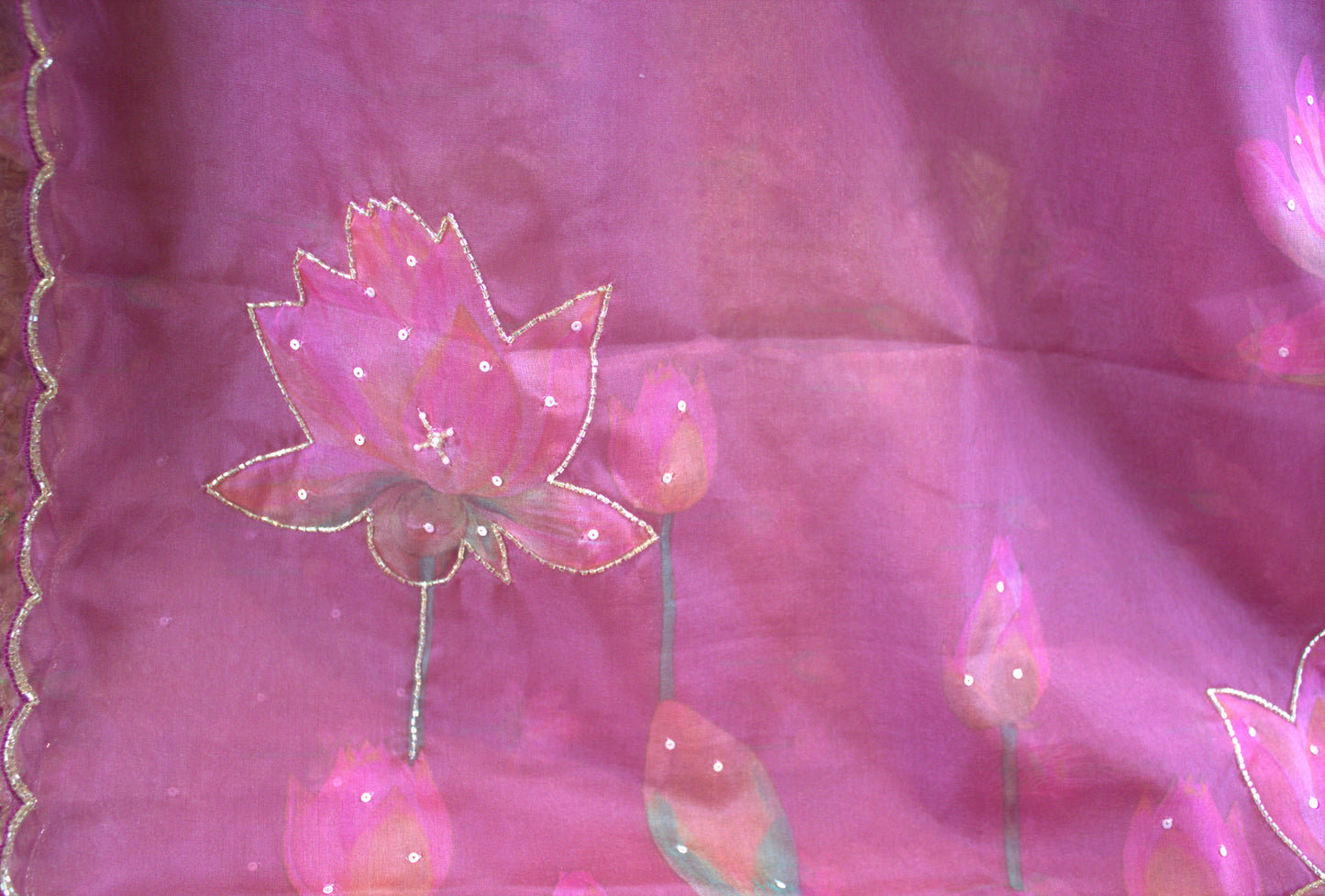 Organza Onion Pink printed saree with sequence work and work blouse