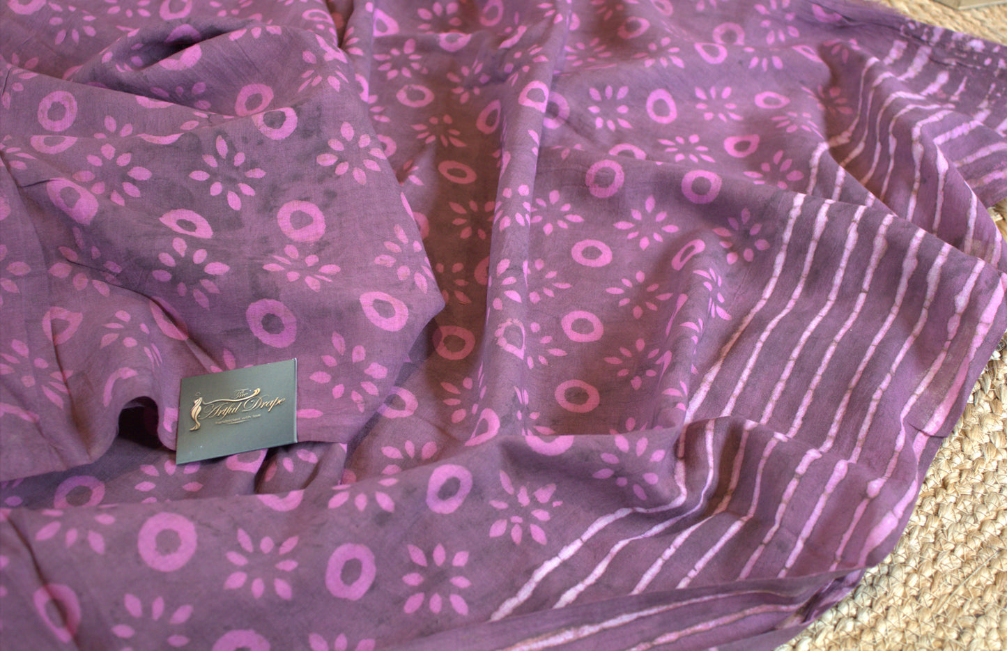 Mul Cotton Purple saree Hand printed