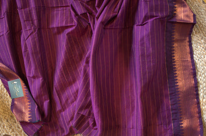 Kalyani cotton Purple saree with copper zari border and running blouse