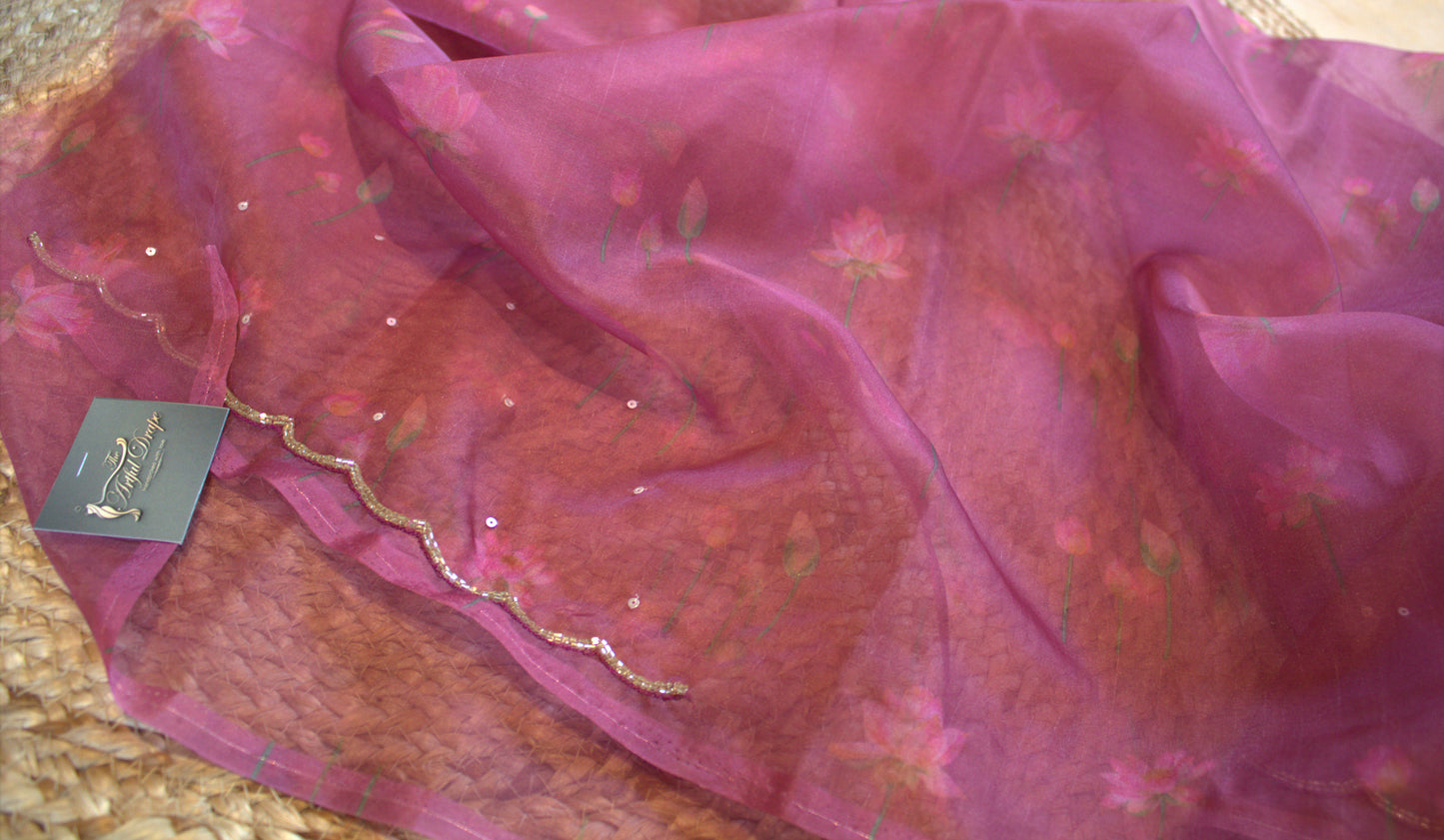 Organza Onion Pink printed saree with sequence work and work blouse
