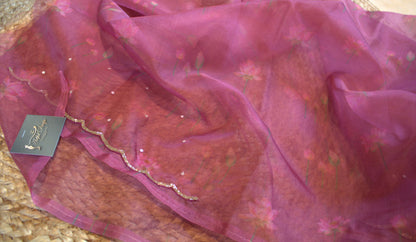 Organza Onion Pink printed saree with sequence work and work blouse