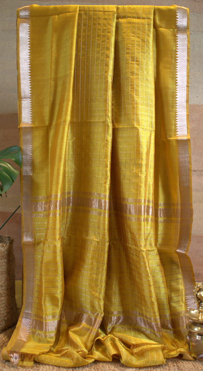Pure Mangalgiri Yellow silk cotton saree with running blouse and an extra printed blouse