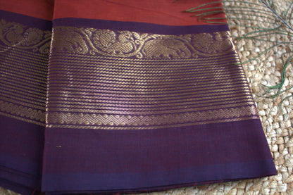 Chettinad cotton Brick Red saree with Blue zari border and running blouse