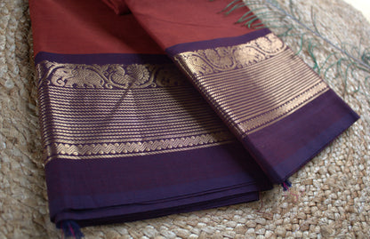 Chettinad cotton Brick Red saree with Blue zari border and running blouse