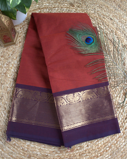 Chettinad cotton Brick Red saree with Blue zari border and running blouse