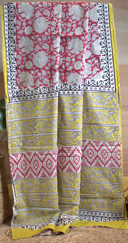 Mul Cotton Red saree Hand printed