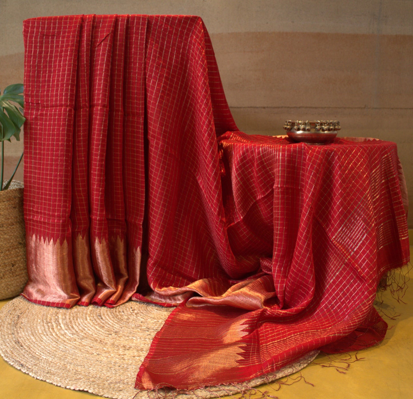 Matka Red Silk saree with checks and running blouse