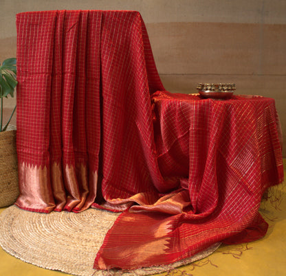 Matka Red Silk saree with checks and running blouse