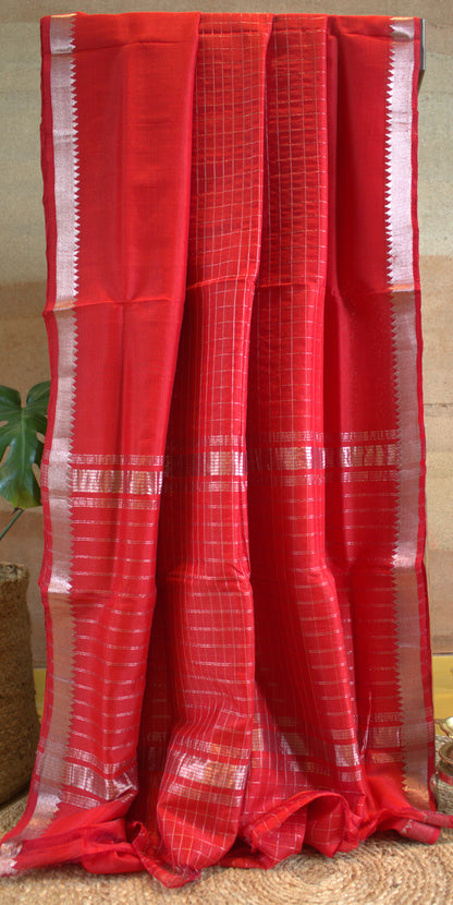 Mangalgiri Red checks silk cotton saree with silver zari and running blouse
