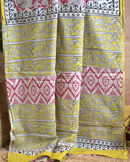 Mul Cotton Red saree Hand printed