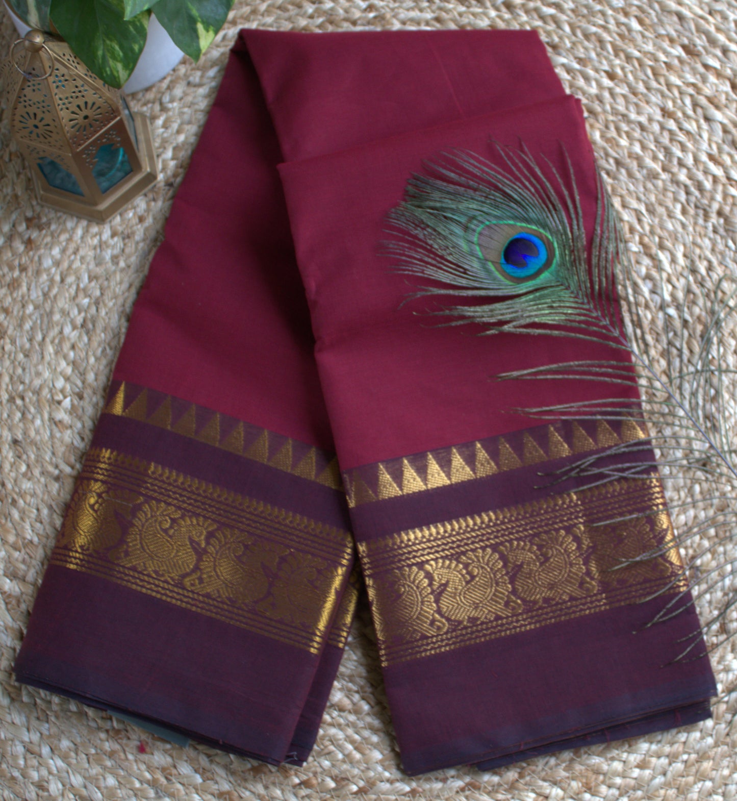 Chettinad cotton Maroon saree with Purple zari border (without blouse)