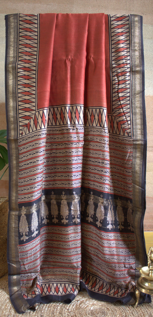 Maheshwari silk Red saree with hand block printed zari border and contast blouse