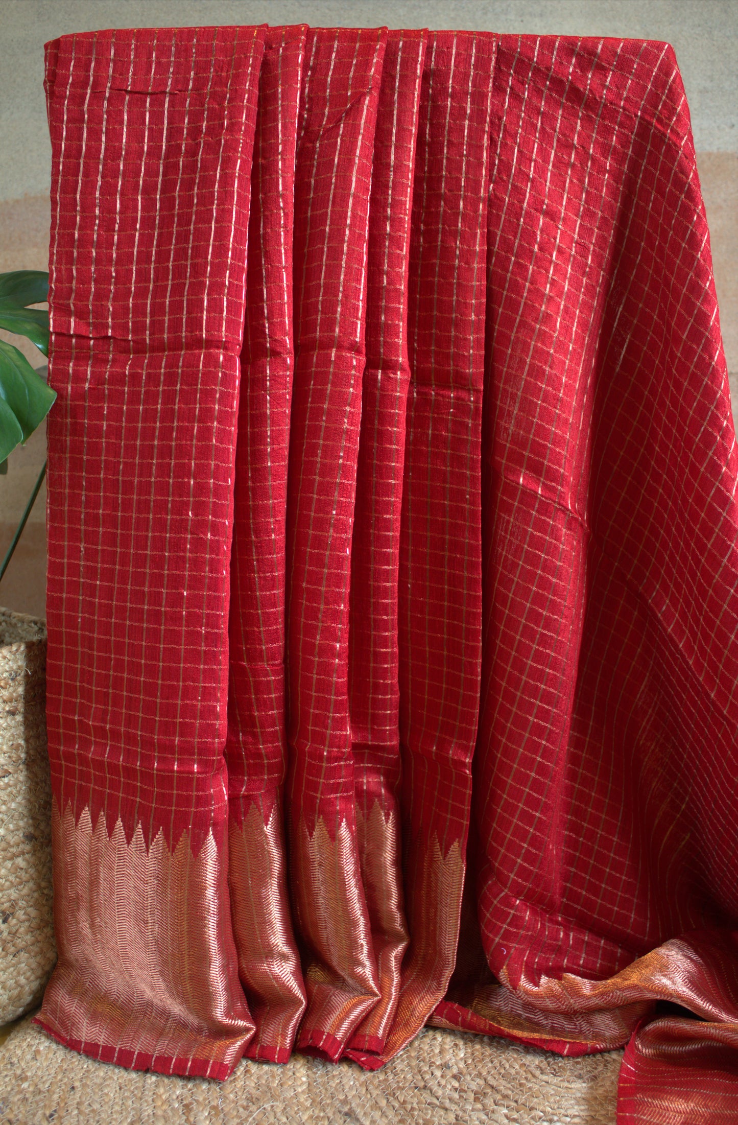 Matka Red Silk saree with checks and running blouse